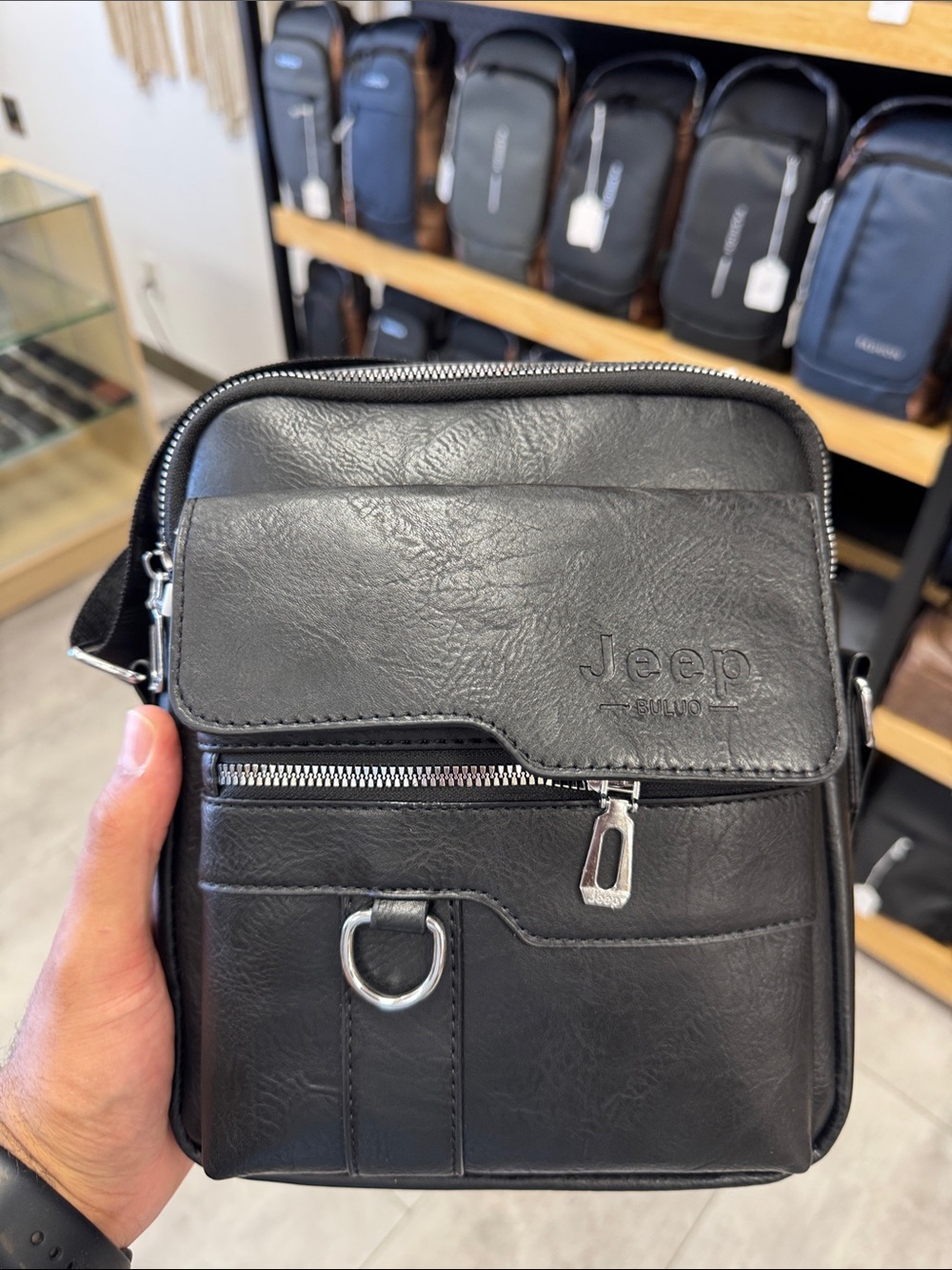 Jeep Black Leather Messenger Crossbody with Front Flap